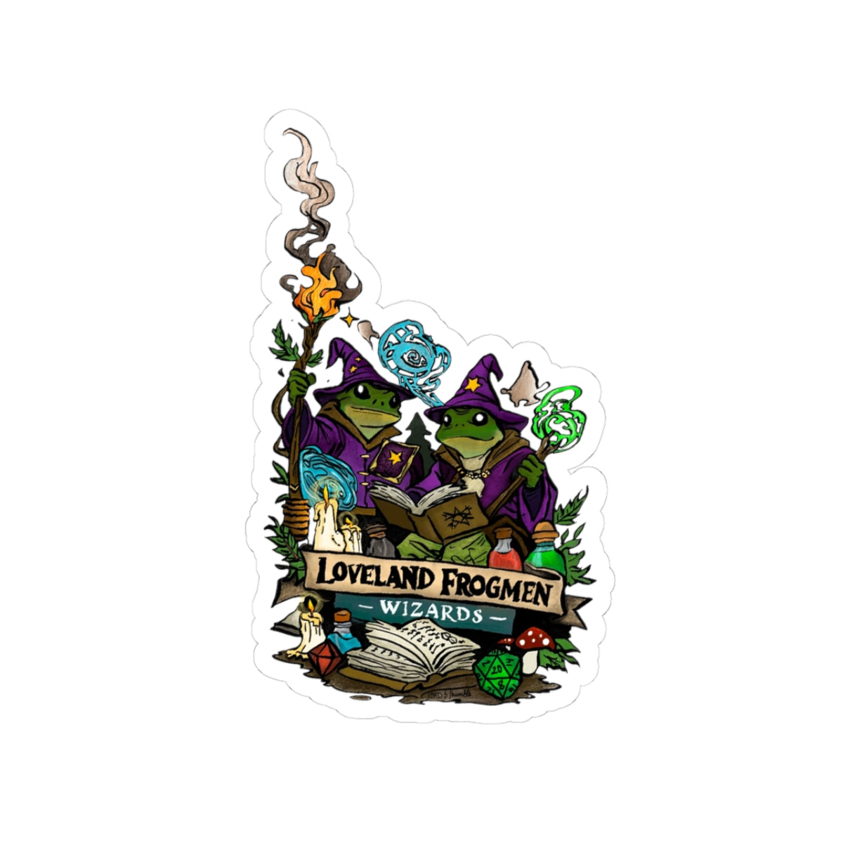 Loveland Frogmen Wizards Sticker — Cute Fantasy Kiss-Cut Frog Wizard Laptop Decal